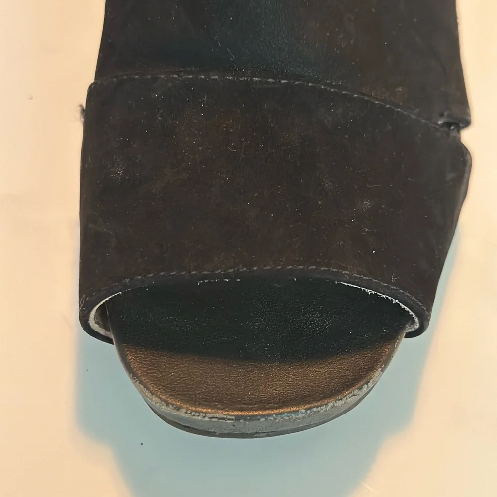 Black Suede Heeled Boots with Open Toe and Sleek Design - Picture 6 of 9